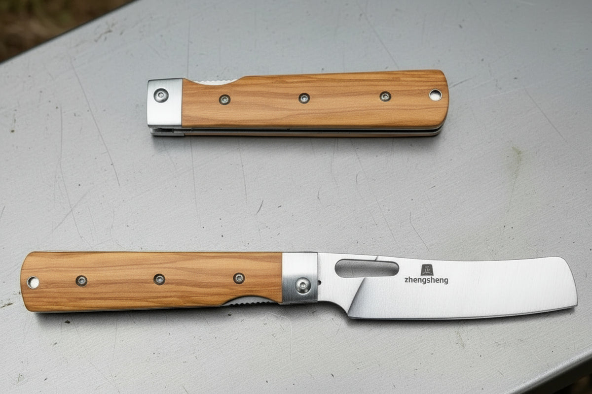 A folding camp kitchen knife with a wooden handle and stainless steel blade, shown open and closed