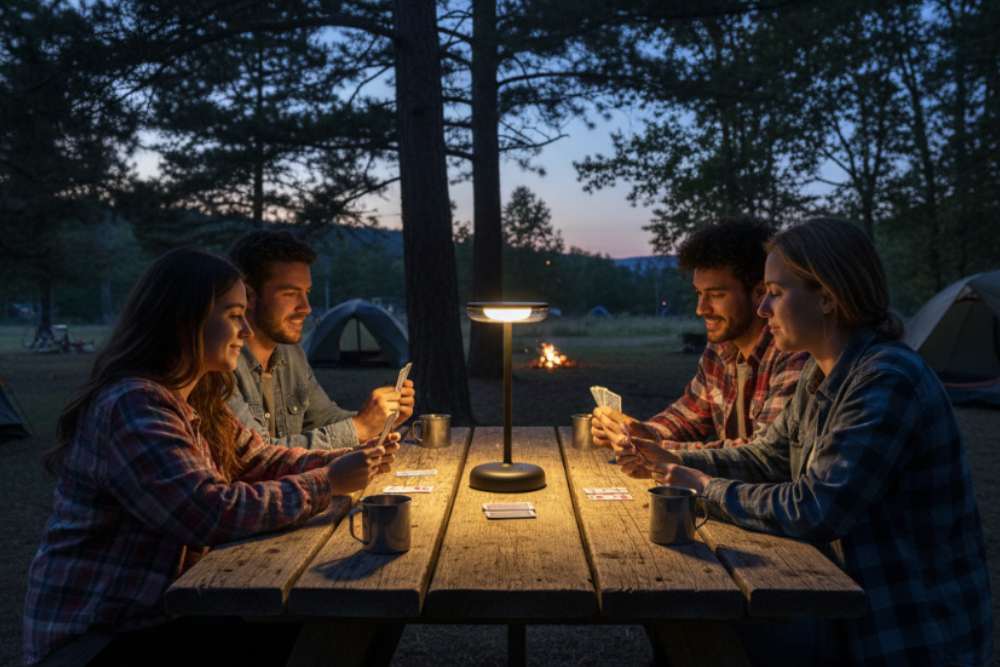 Four friends sitting around a campfire at night, enjoying drinks and conversation.