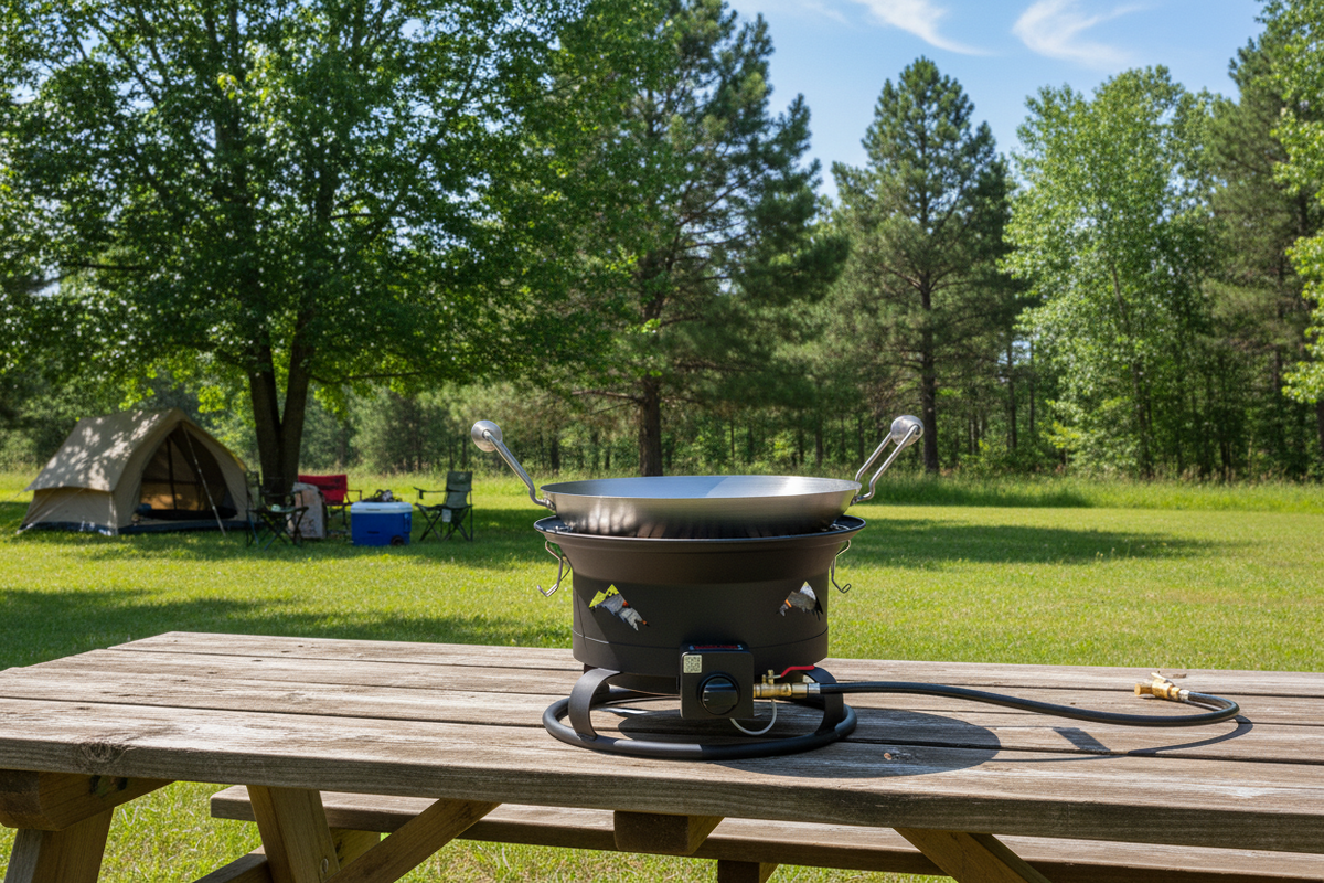 Portable stove with frying pan on a wooden surface